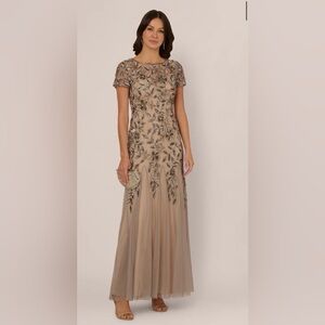 Adrianna Papell Beaded Nude-Taupe Maxi Gown